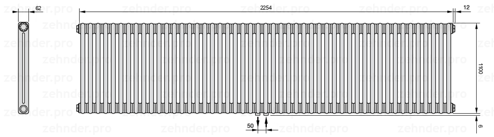 Схема (чертеж) Радиатор Zehnder Charleston 2110/49 №5410 Белый глянцевый RAL 9016